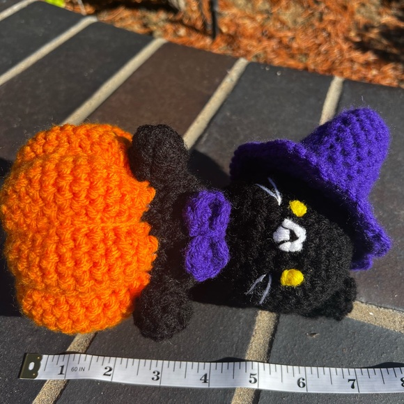 🎃Hand Crocheted Black Witch Cat on Pumpkin! - Picture 3 of 6